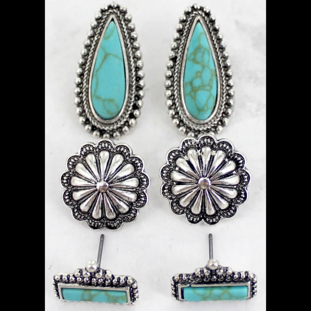 Turquoise flower teardrop earrings 3 pair set - Picture 1 of 1